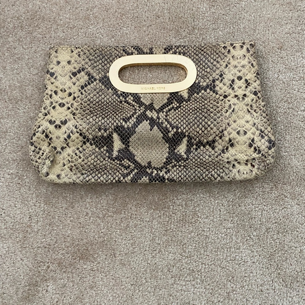 Michael Kors Python-Print Clutch in Beige and Black with Gold Hardware